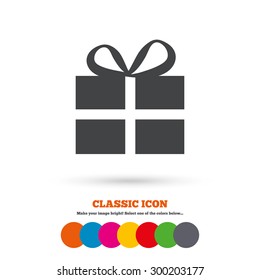 Gift box sign icon. Present symbol. Classic flat icon. Colored circles. Vector