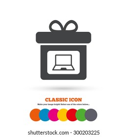 Gift box sign icon. Present with notebook PC symbol. Classic flat icon. Colored circles. Vector