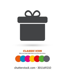 Gift box sign icon. Present symbol. Classic flat icon. Colored circles. Vector
