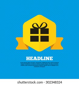 Gift box sign icon. Present symbol. Yellow label tag. Circles seamless pattern on back. Vector