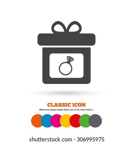 Gift box sign icon. Present with engagement ring symbol. Classic flat icon. Colored circles. Vector