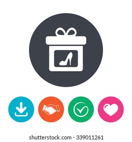 Gift box sign icon. Present with woman shoes symbol. Download arrow, handshake, tick and heart. Flat circle buttons.