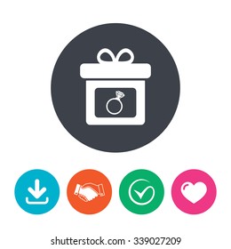 Gift box sign icon. Present with engagement ring symbol. Download arrow, handshake, tick and heart. Flat circle buttons.