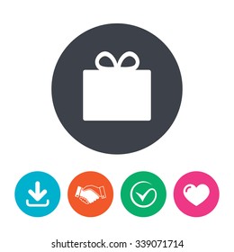 Gift box sign icon. Present symbol. Download arrow, handshake, tick and heart. Flat circle buttons.