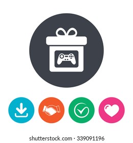 Gift box sign icon. Present with video game joystick symbol. Download arrow, handshake, tick and heart. Flat circle buttons.