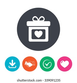 Gift box sign icon. Present with heart love symbol. Download arrow, handshake, tick and heart. Flat circle buttons.