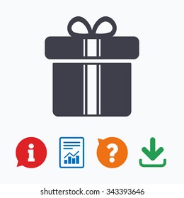 Gift box sign icon. Present with ribbons symbol. Information think bubble, question mark, download and report.