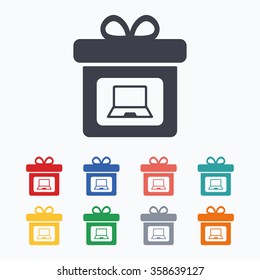 Gift box sign icon. Present with notebook pc symbol. Colored flat icons on white background.
