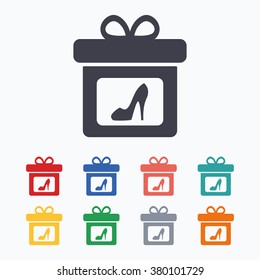 Gift box sign icon. Present with woman shoes symbol. Colored flat icons on white background.
