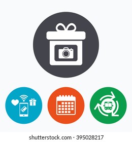 Gift box sign icon. Present with photo camera symbol. Mobile payments, calendar and wifi icons. Bus shuttle.