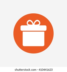 Gift box sign icon. Present symbol. Orange circle button with icon. Vector