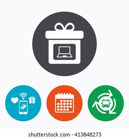 Gift box sign icon. Present with notebook pc symbol. Mobile payments, calendar and wifi icons. Bus shuttle.