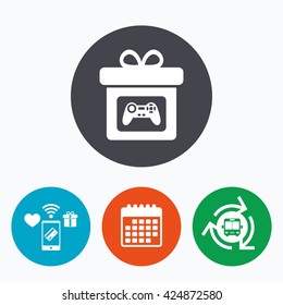 Gift box sign icon. Present with video game joystick symbol. Mobile payments, calendar and wifi icons. Bus shuttle.