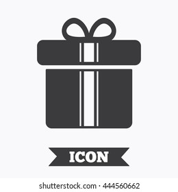 Gift box sign icon. Present with ribbons symbol. Graphic design element. Flat present box symbol on white background. Vector