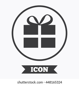 Gift box sign icon. Present symbol. Graphic design element. Flat symbol in circle button. Vector