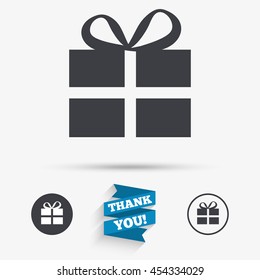 Gift box sign icon. Present symbol. Flat icons. Buttons with icons. Thank you ribbon. Vector