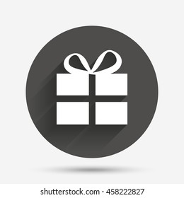 Gift box sign icon. Present symbol. Circle flat button with shadow. Vector