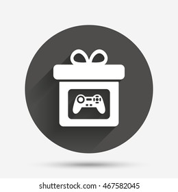 Gift box sign icon. Present with video game joystick symbol. Circle flat button with shadow. Vector