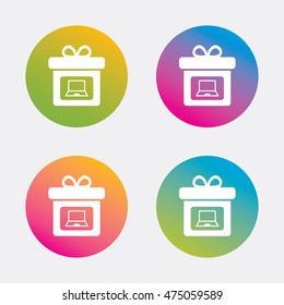 Gift box sign icon. Present with notebook pc symbol. Gradient flat buttons with icon. Modern design. Vector