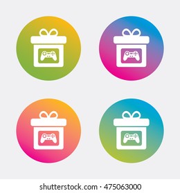 Gift box sign icon. Present with video game joystick symbol. Gradient flat buttons with icon. Modern design. Vector