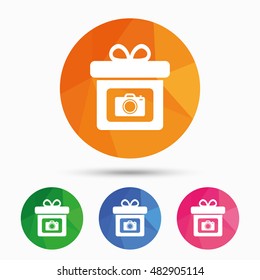 Gift box sign icon. Present with photo camera symbol. Triangular low poly button with flat icon. Vector