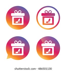 Gift box sign icon. Present with woman shoes symbol. Gradient buttons with flat icon. Speech bubble sign. Vector