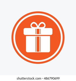 Gift box sign icon. Present with ribbons symbol. Graphic design element. Flat present box symbol on the round button. Vector