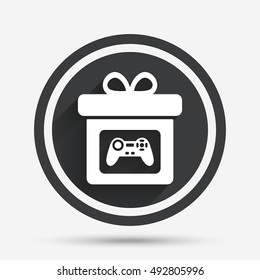 Gift box sign icon. Present with video game joystick symbol. Circle flat button with shadow and border. Vector