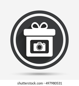 Gift box sign icon. Present with photo camera symbol. Circle flat button with shadow and border. Vector
