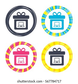 Gift box sign icon. Present with notebook pc symbol. Colored buttons with icons. Poker chip concept. Vector