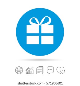 Gift box sign icon. Present symbol. Copy files, chat speech bubble and chart web icons. Vector