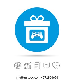 Gift box sign icon. Present with video game joystick symbol. Copy files, chat speech bubble and chart web icons. Vector