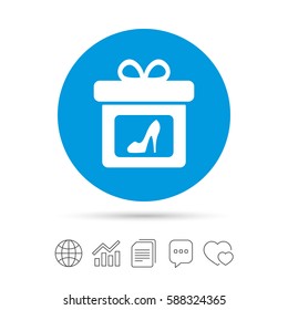 Gift box sign icon. Present with woman shoes symbol. Copy files, chat speech bubble and chart web icons. Vector