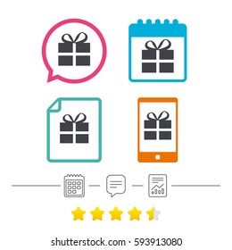 Gift box sign icon. Present symbol. Calendar, chat speech bubble and report linear icons. Star vote ranking. Vector