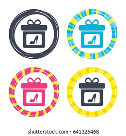 Gift box sign icon. Present with woman shoes symbol. Colored buttons with icons. Poker chip concept. Vector