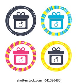 Gift box sign icon. Present with engagement ring symbol. Colored buttons with icons. Poker chip concept. Vector