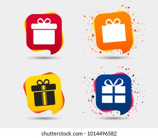 Gift box sign icons. Present with bow and ribbons sign symbols. Speech bubbles or chat symbols. Colored elements. Vector