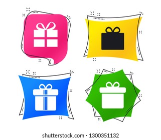 Gift box sign icons. Present with bow and ribbons sign symbols. Geometric colorful tags. Banners with flat icons. Trendy design. Vector