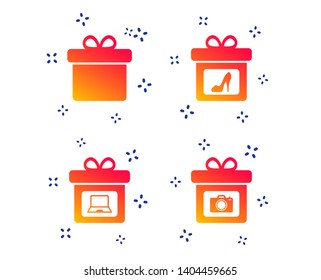 Gift box sign icons. Present with bow symbols. Photo camera sign. Woman shoes. Random dynamic shapes. Gradient gift icon. Vector