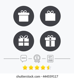 Gift box sign icons. Present with bow and ribbons sign symbols. Chat, award medal and report linear icons. Star vote ranking. Vector