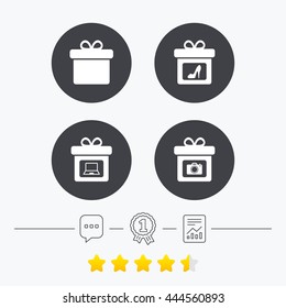 Gift box sign icons. Present with bow symbols. Photo camera sign. Woman shoes. Chat, award medal and report linear icons. Star vote ranking. Vector