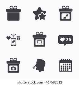 Gift box sign icons. Present with bow symbols. Photo camera sign. Woman shoes. Flat talking head, calendar icons. Stars, like counter icons. Vector