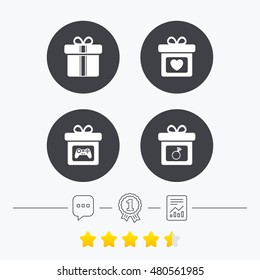Gift box sign icons. Present with bow and ribbons symbols. Engagement ring sign. Video game joystick. Chat, award medal and report linear icons. Star vote ranking. Vector