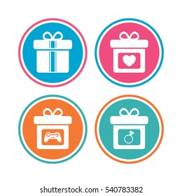 Gift box sign icons. Present with bow and ribbons symbols. Engagement ring sign. Video game joystick. Colored circle buttons. Vector