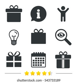 Gift box sign icons. Present with bow and ribbons sign symbols. Information, light bulb and calendar icons. Investigate magnifier. Vector