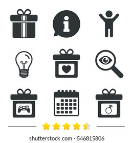 Gift box sign icons. Present with bow and ribbons symbols. Engagement ring sign. Video game joystick. Information, light bulb and calendar icons. Investigate magnifier. Vector