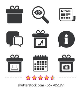 Gift box sign icons. Present with bow symbols. Photo camera sign. Woman shoes. Newspaper, information and calendar icons. Investigate magnifier, chat symbol. Vector