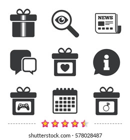 Gift box sign icons. Present with bow and ribbons symbols. Engagement ring sign. Video game joystick. Newspaper, information and calendar icons. Investigate magnifier, chat symbol. Vector