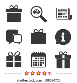 Gift box sign icons. Present with bow and ribbons sign symbols. Newspaper, information and calendar icons. Investigate magnifier, chat symbol. Vector