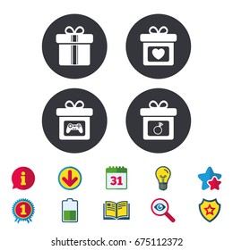 Gift box sign icons. Present with bow and ribbons symbols. Engagement ring sign. Video game joystick. Calendar, Information and Download signs. Stars, Award and Book icons. Vector